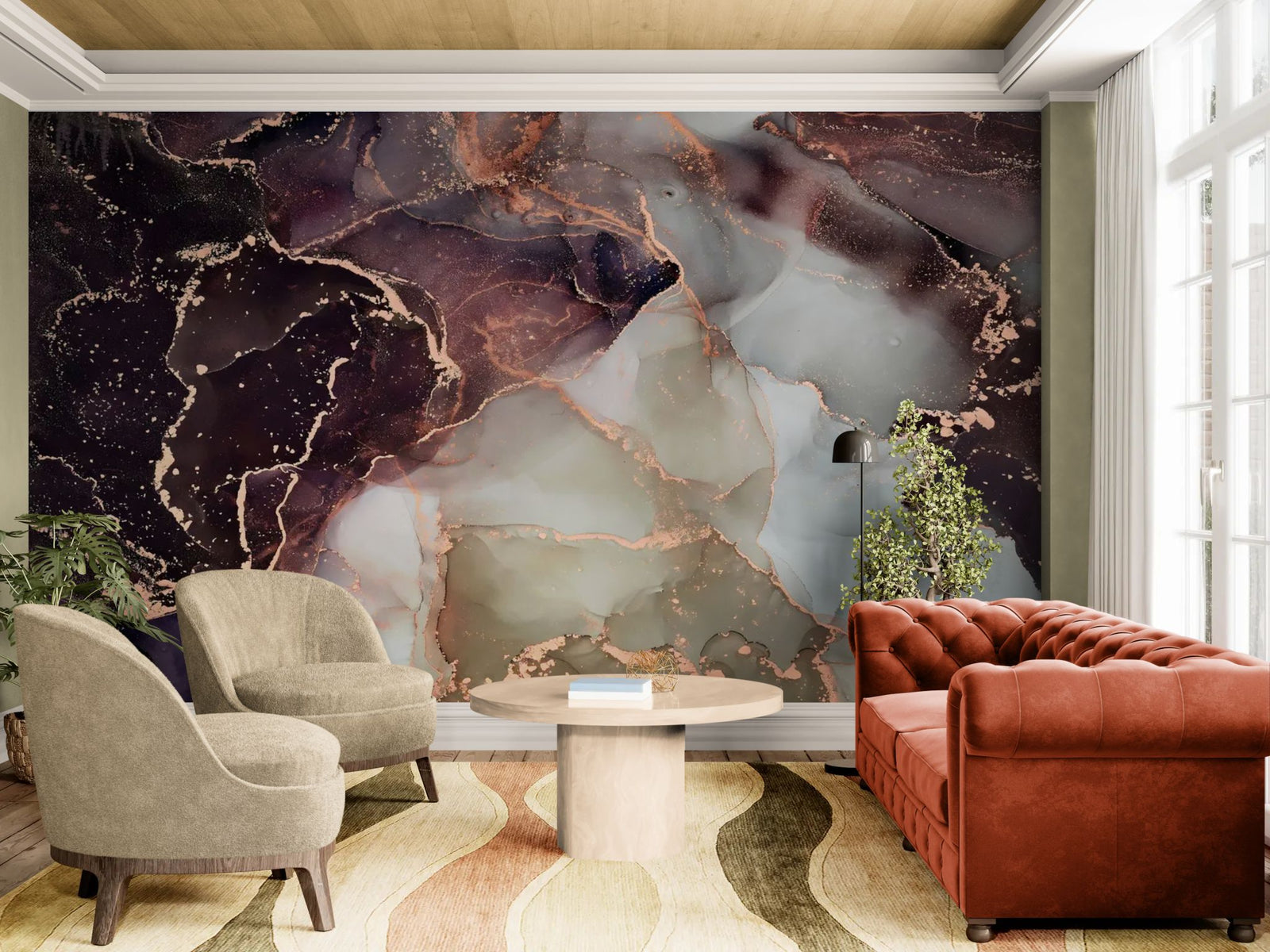 Abstract Wallpaper – Black and Copper Liquid Marble