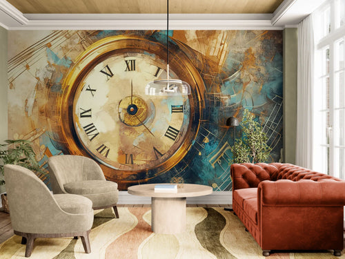 Papier peint Art – Horloge dorée et notes musique