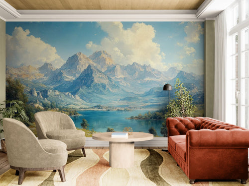 Papier peint Paysage – Montagnes majestueuses et lac bleu calme