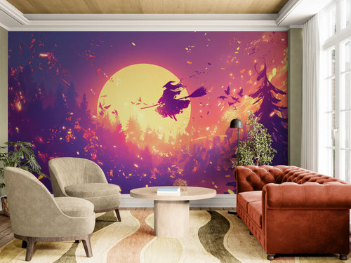 Papier peint Fantaisie – Sorcière sur balai et lune