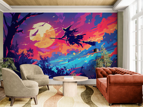 Papier peint Fantaisie – Sorcière volante devant lune colorée
