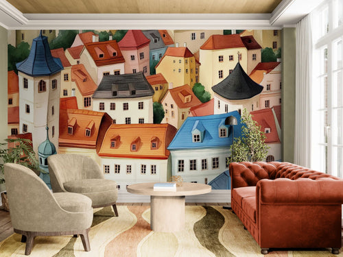 Papier peint Illustration – Toits colorés d'une ville aquarelle