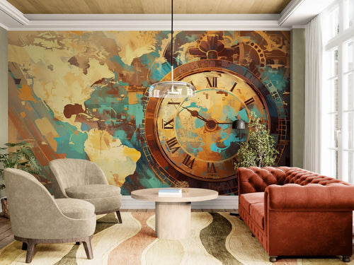 Papier peint Voyage – Carte du monde et horloge vintage