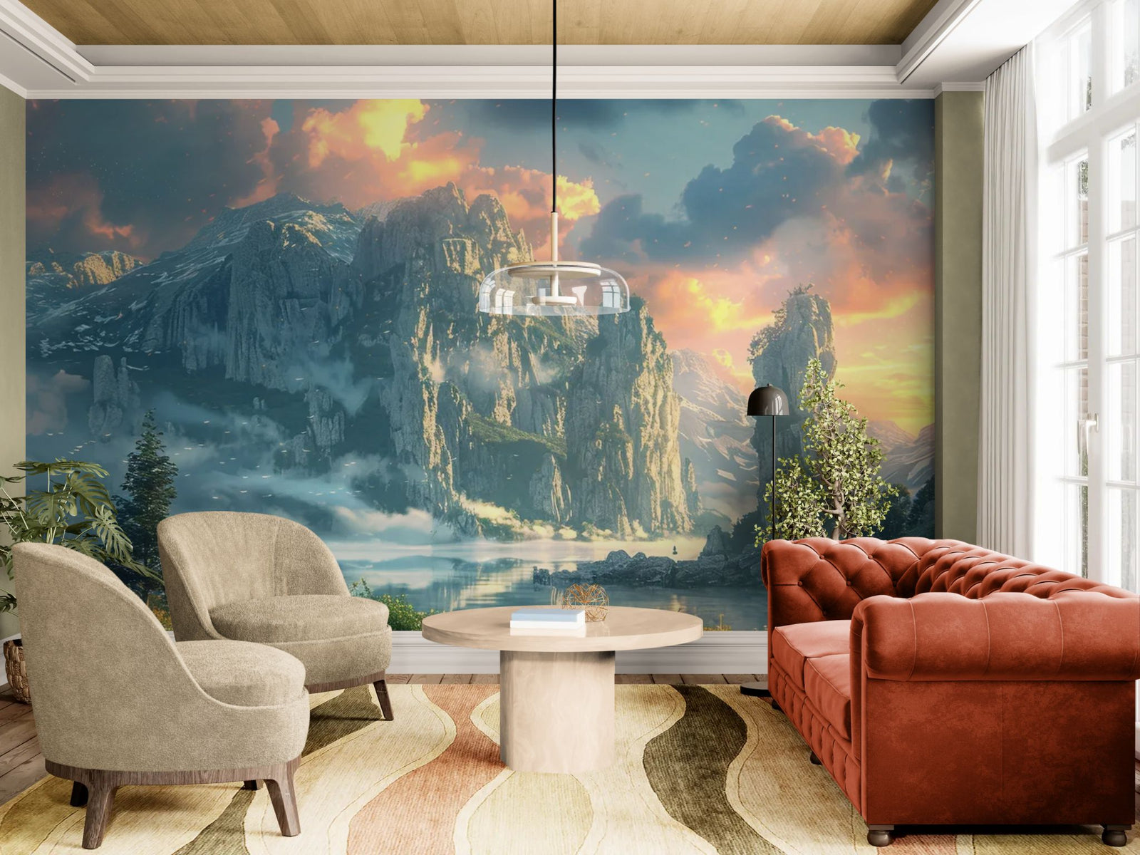 Papier peint Fantaisie – Pics rocheux et lac brumeux