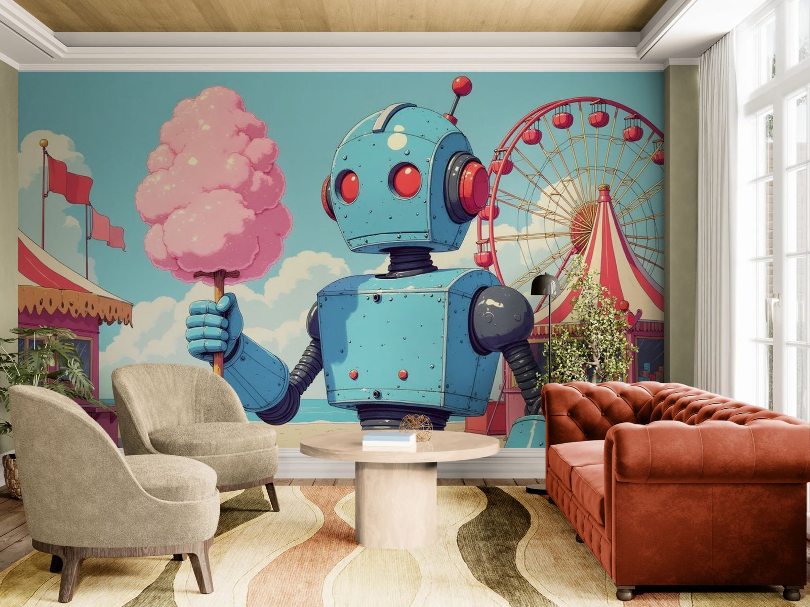 Papier peint Enfant – Robot bleu vintage et barbe à papa
