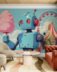 Children's Wallpaper – Vintage Blue Robot and Cotton Candy