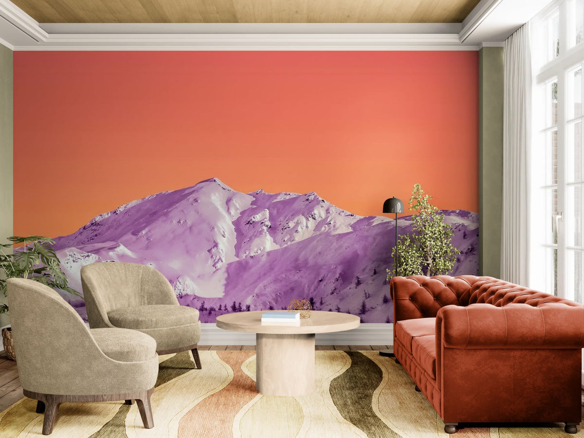 Landschafts-Tapete - Verschneiter Berg unter einem rosa-orangen Himmel