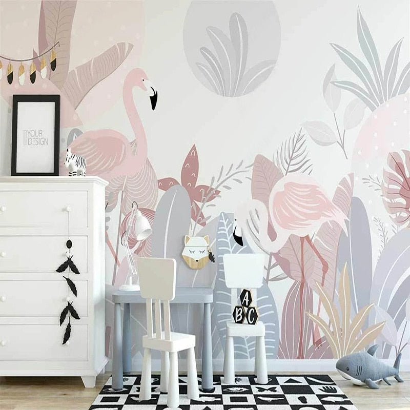 Papier Peint Tropical – Flamants Roses et Feuillage Pastel