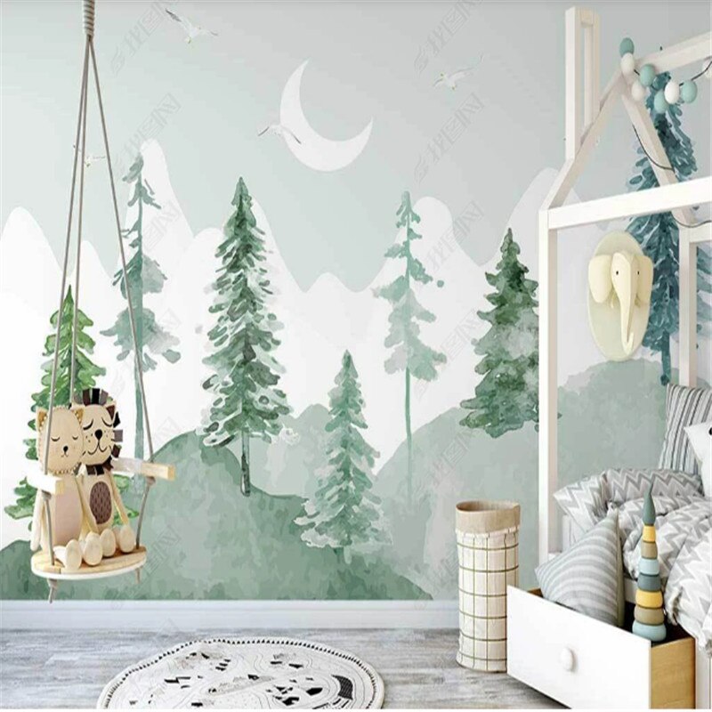 Forest Wallpaper – Watercolor Fir Trees under the Moon
