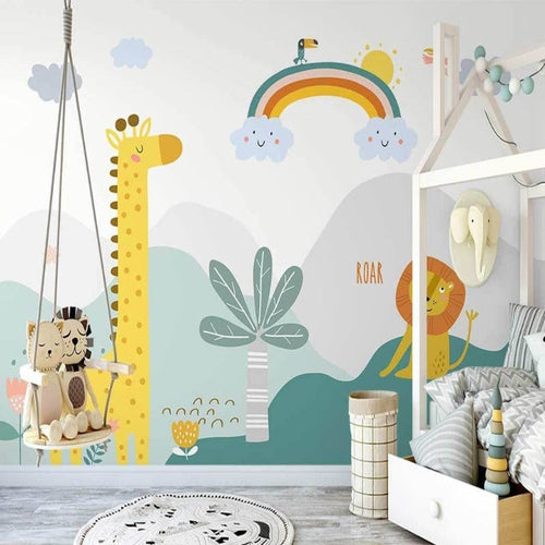 Papel tapiz infantil - Jirafa y león pequeño con un arcoíris