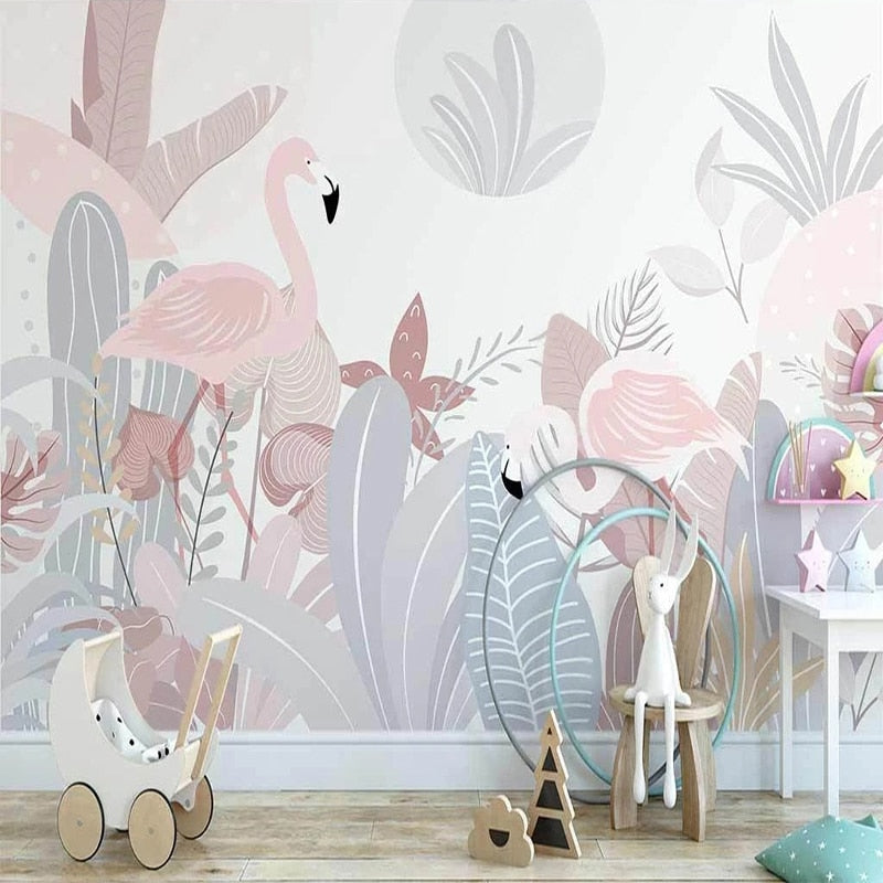 Papier Peint Tropical – Flamants Roses et Feuillage Pastel