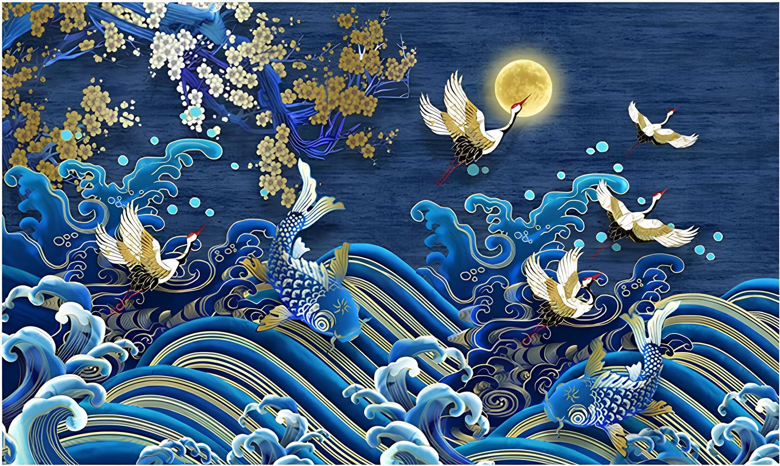 Papier Peint Japonais - Vagues et Grues sous la Lune