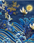Japanese Wallpaper - Waves and Cranes under the Moon