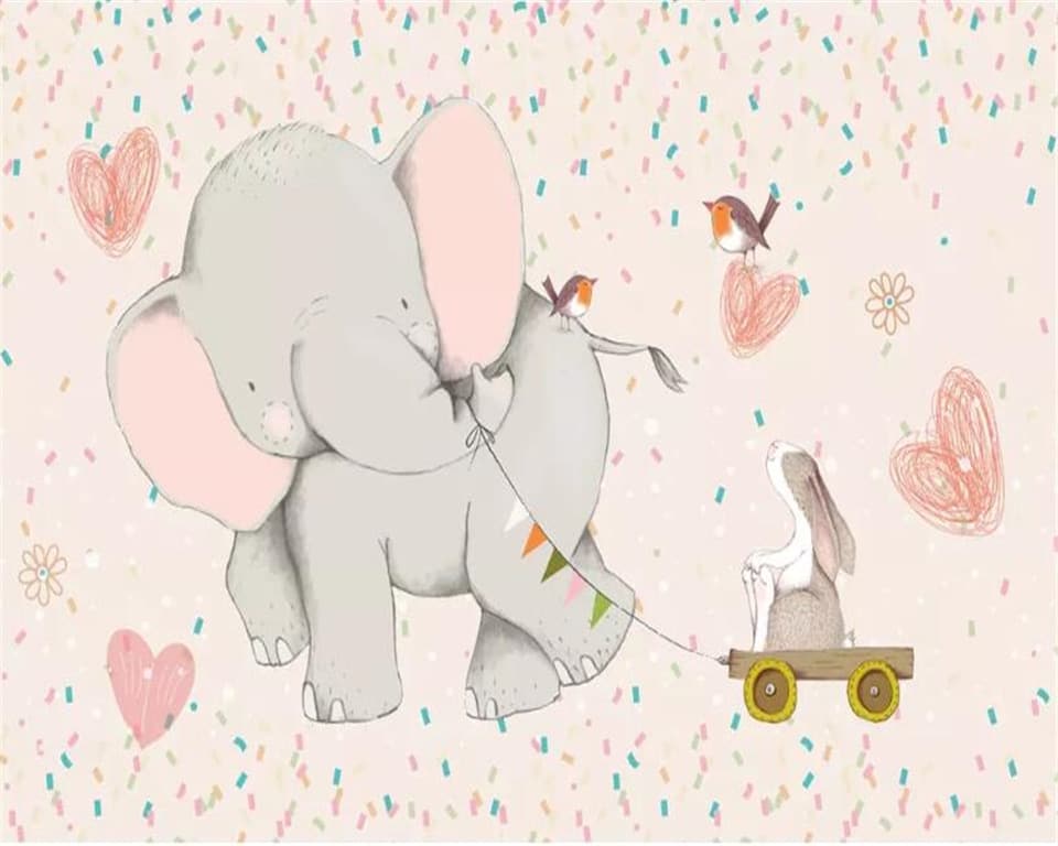 Children's Wallpaper - Playful Elephant and Rabbit