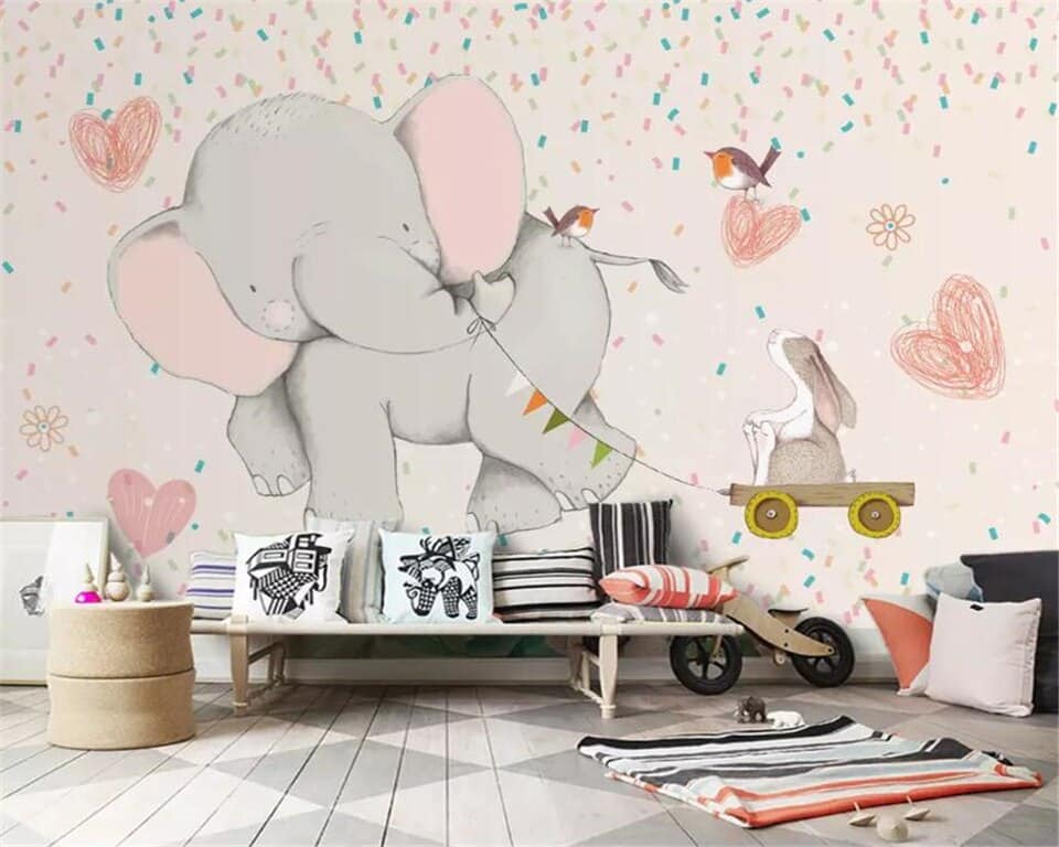 Children's Wallpaper - Playful Elephant and Rabbit