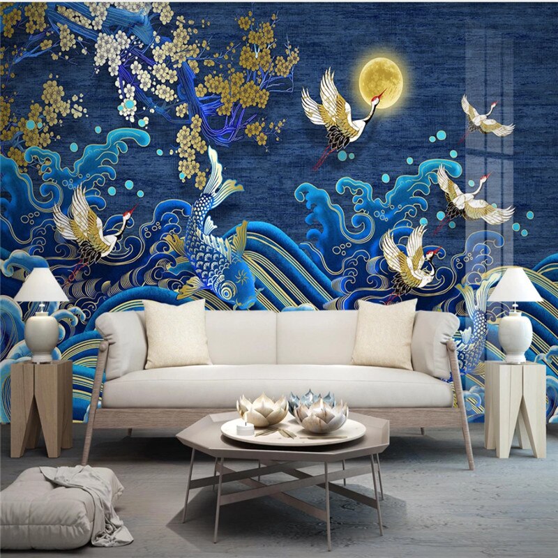 Papier Peint Japonais - Vagues et Grues sous la Lune