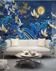 Japanese Wallpaper - Waves and Cranes under the Moon