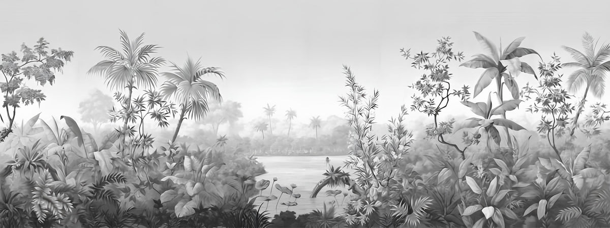 Schwarz-weiße Tapete – Tropische Landschaft im Nebel