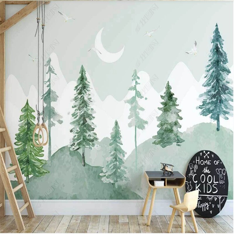 Forest Wallpaper – Watercolor Fir Trees under the Moon