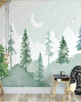Forest Wallpaper – Watercolor Fir Trees under the Moon