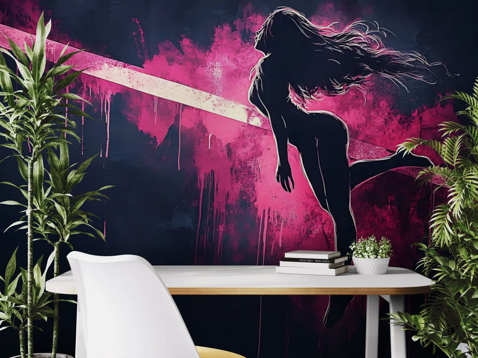 Papier Peint Pop Art - Silhouette Rose Néon