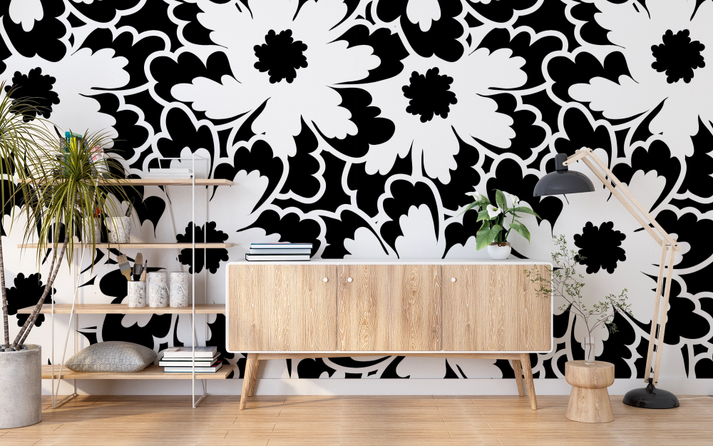 Papier peint fleuri - grands dahlias noir et blanc