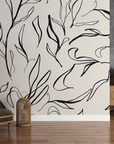 Papier peint nature - fines branches dessinées en noir et blanc