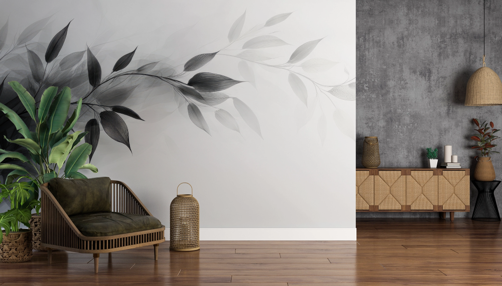 Papier peint nature - branches de saule en noir et blanc