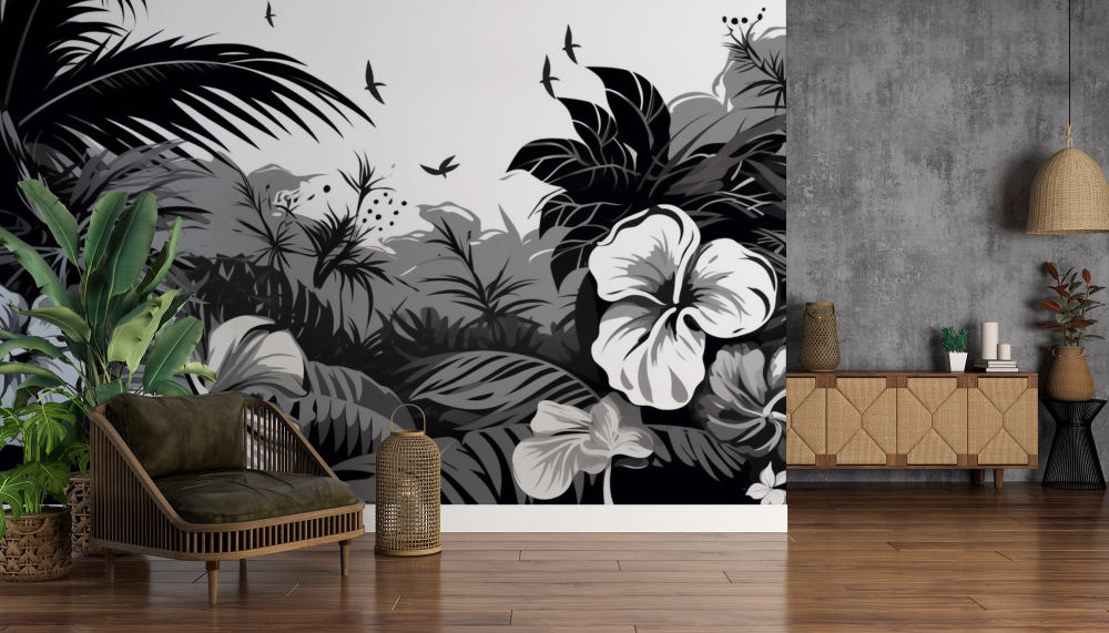 Papier peint nature - jungle tropicale en noir et blanc