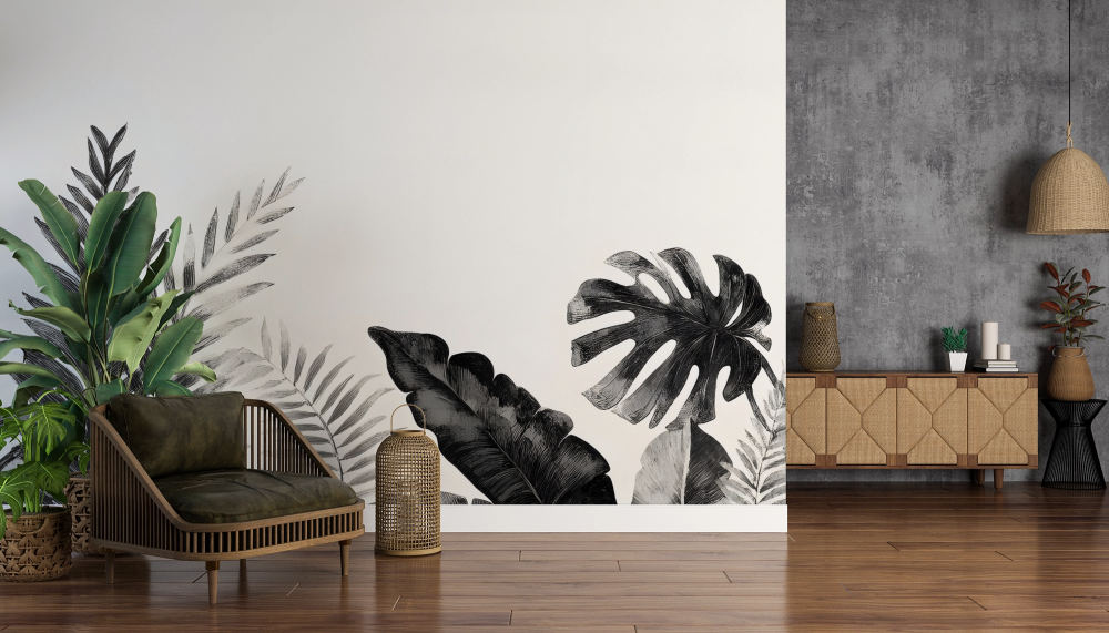 Papier peint nature - frise végétale en noir et blanc