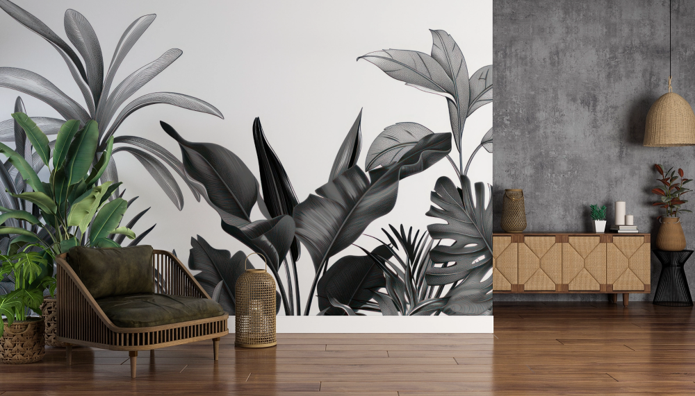 Papier peint nature - feuillage exotique en noir et blanc