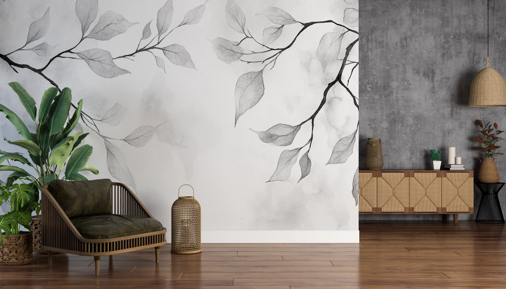 Papier peint nature - fines branches d'arbres monochromes
