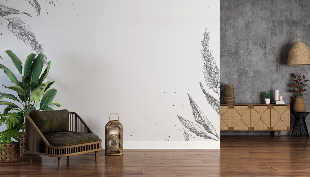 Papier peint nature - herbes légères en noir et blanc
