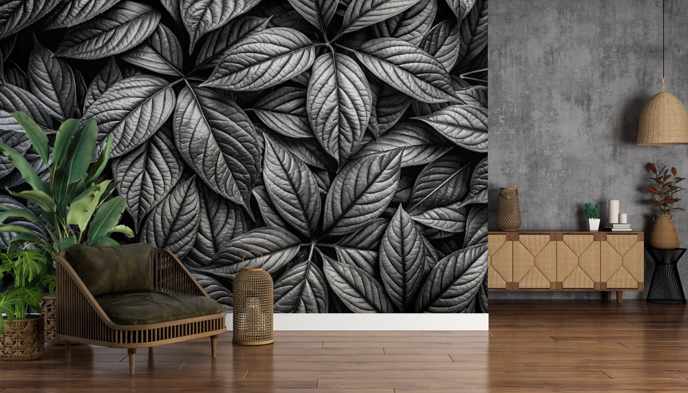 Papier peint nature - tapis de feuilles en noir et blanc