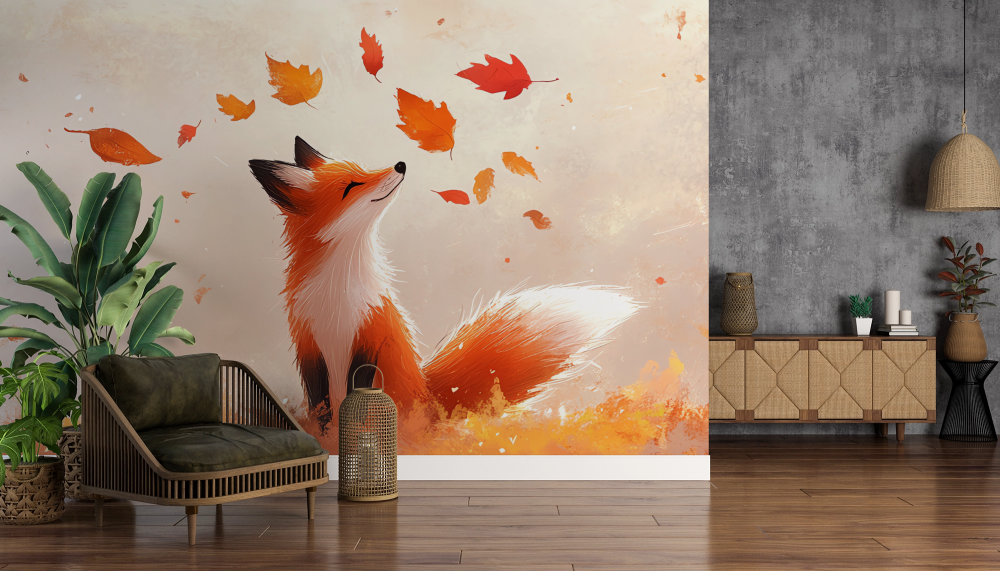 Papier peint animaux - renard roux sous les feuilles d'automne