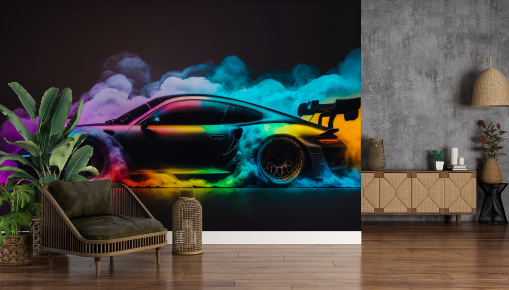 Papier peint voitures - voiture de sport aux reflets néon