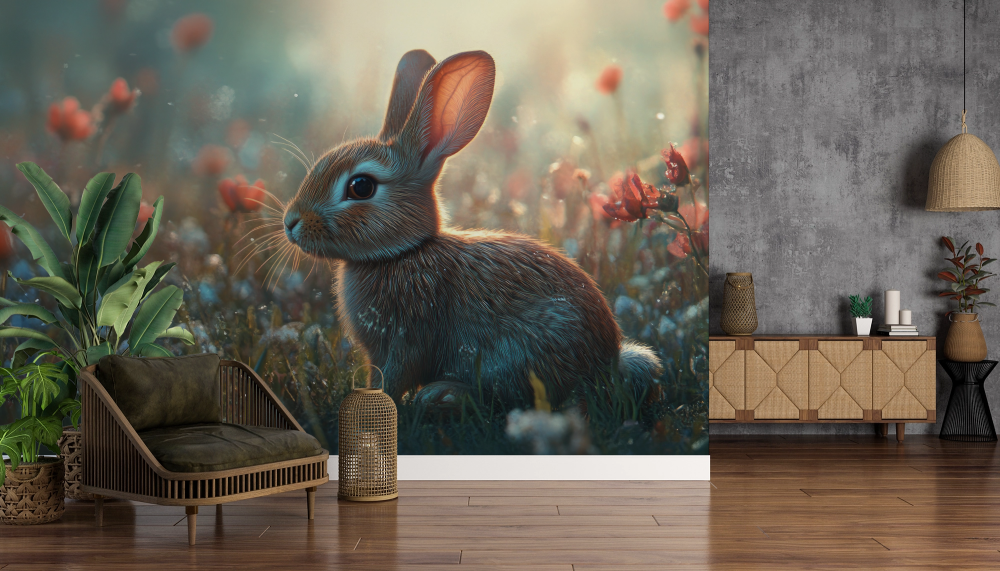 Papier peint animaux - petit lapin dans un champ de fleurs