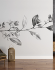 Papier peint nature - branche fleurie en noir et blanc