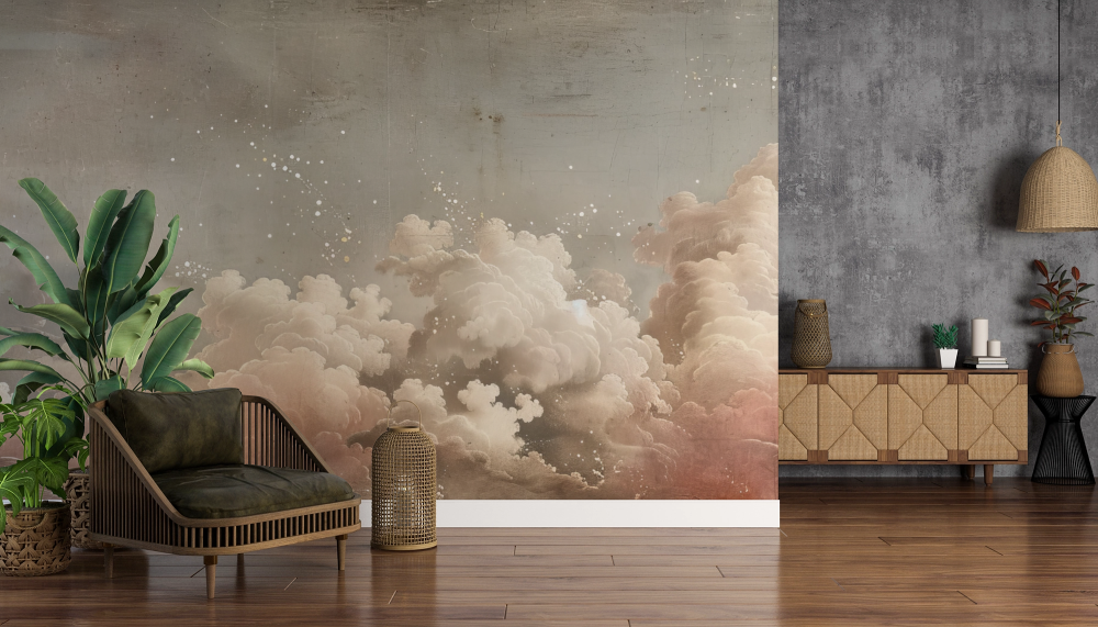 Papier peint nature - grands nuages roses et blancs