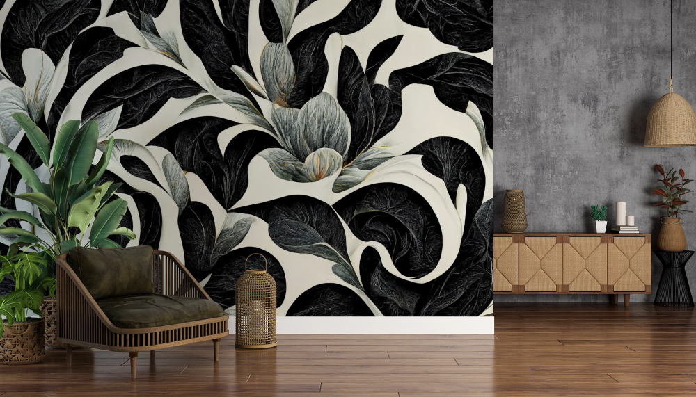 Papier peint nature - grands dahlias noirs et blancs