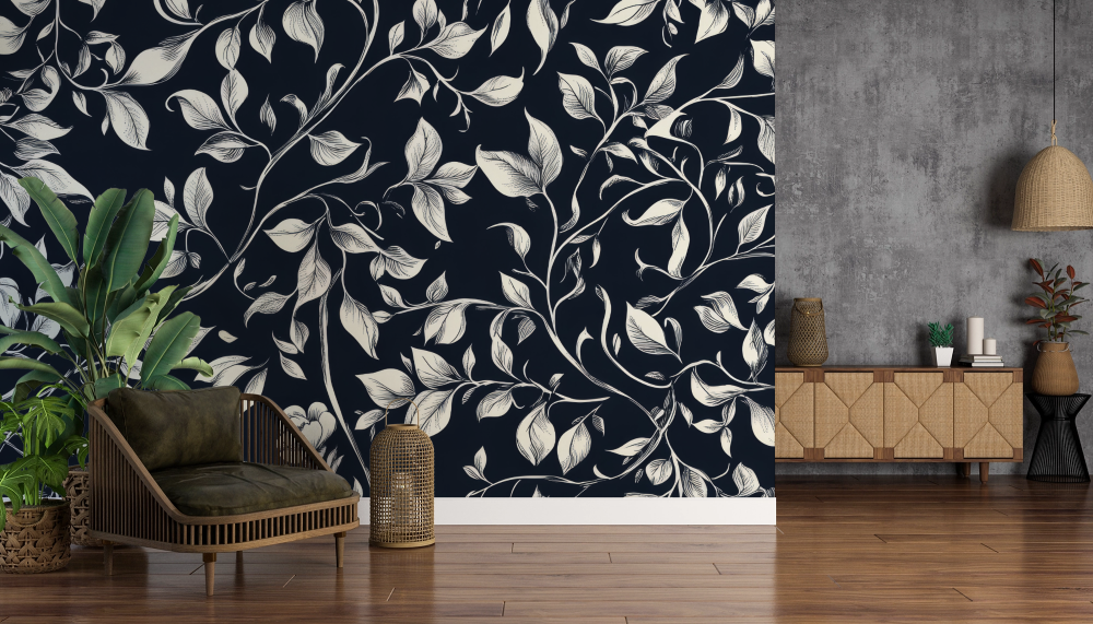 Papier peint nature - feuillage dense en noir et blanc