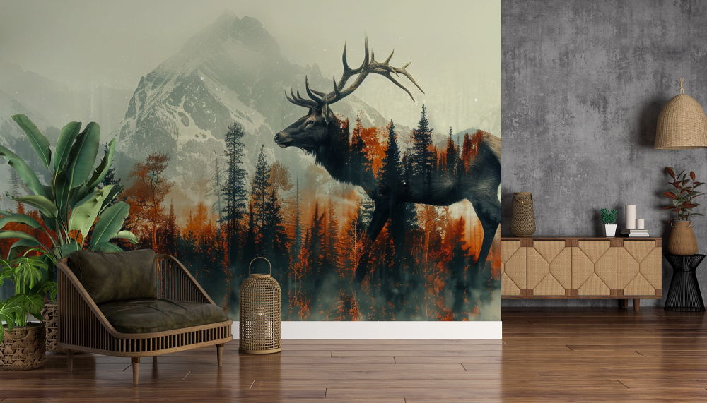 Papier peint animaux - cerf majestueux devant la montagne