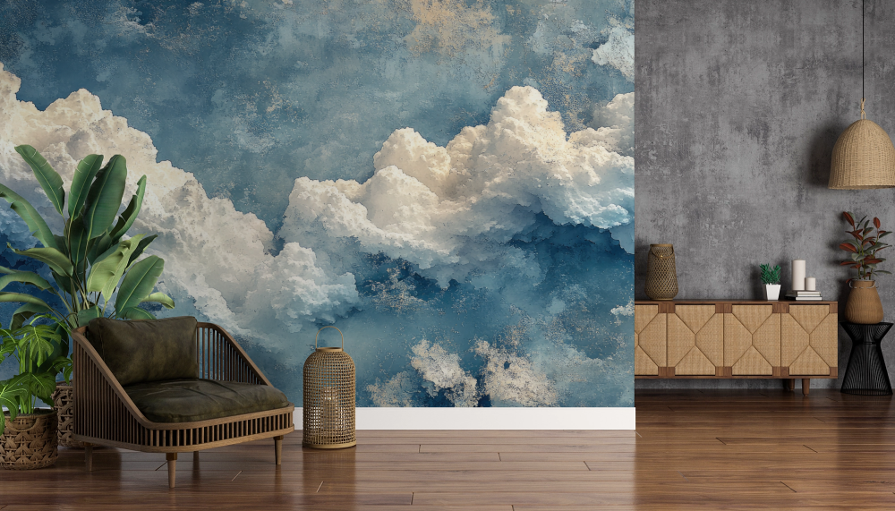 Papier peint nature - grands nuages blancs dans le ciel bleu