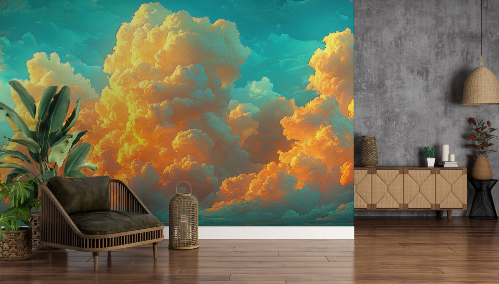 Papier peint nature - grands nuages illuminés par le soleil