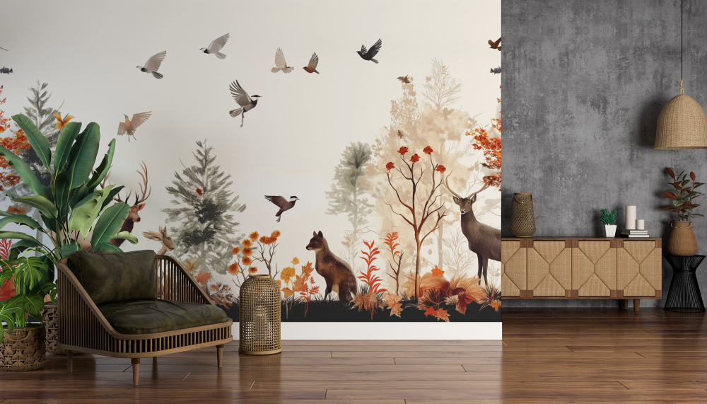 Papier peint nature - cerfs et animaux dans la forêt d'automne