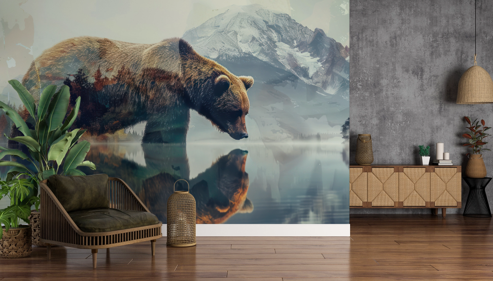 Papier peint animaux - ours brun au bord d'un lac de montagne