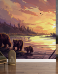 Papier peint animaux - famille d'ours au coucher du soleil