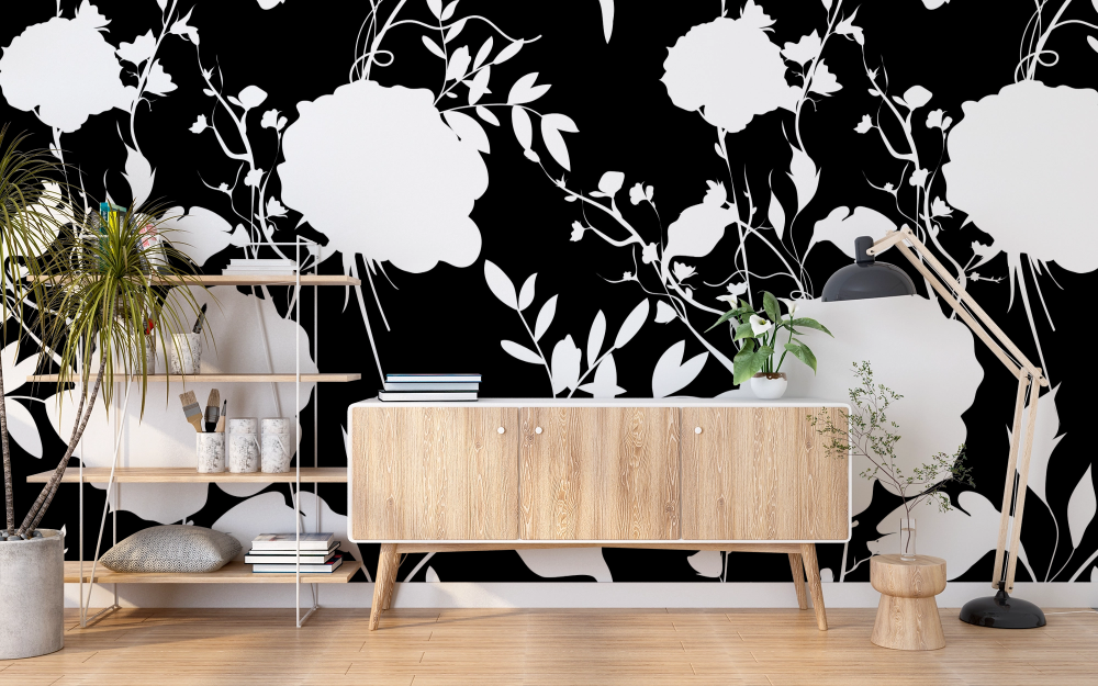 Papier peint fleuri - roses blanches noir et blanc