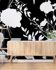 Papier peint fleuri - roses blanches noir et blanc