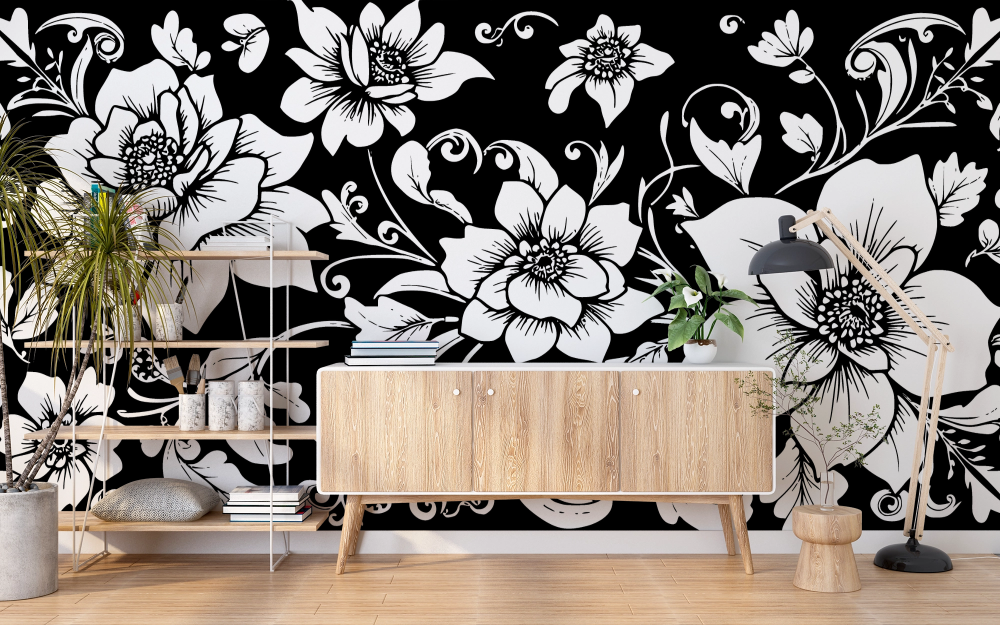 Papier peint fleuri - grands lys noir et blanc